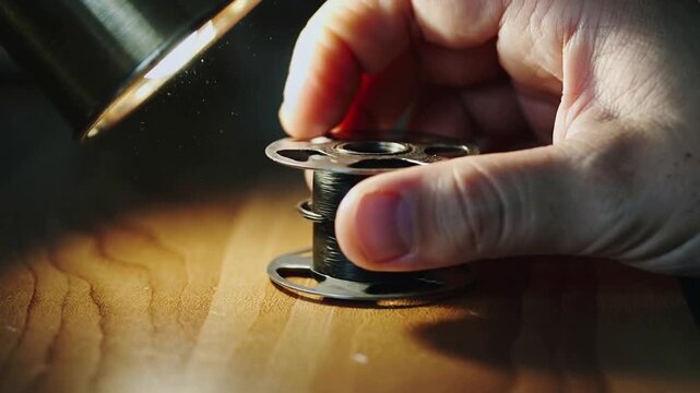 Child learns to sew with a spool of thread and a lamp on a wooden table