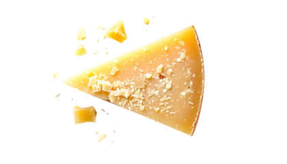 Close-up of a wedge of hard cheese with small irregular pieces scattered around on a black background