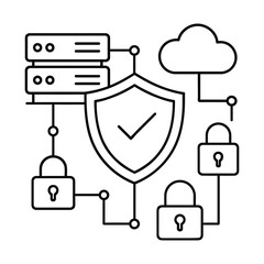 Cloud Server Cyber Security Shield Data Protection Outline Vector Illustration