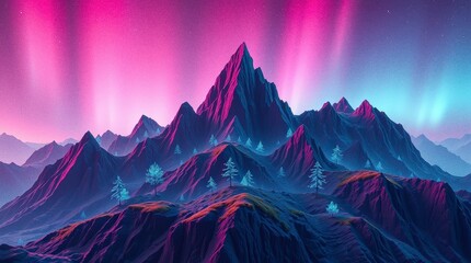 Colorful lights shine above a mountain range at night in a digital landscape filled with trees and unique rock formations