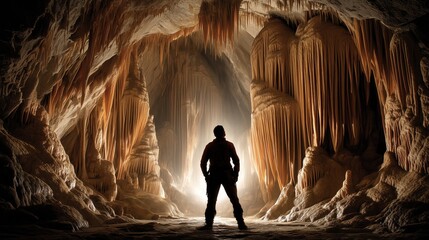 speleology adventure: man exploring a wild cave full of karst concretions and stalactites