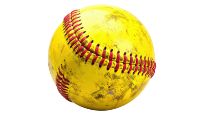 Close-up of a well-worn, yellow softball with red stitching isolated against a black background