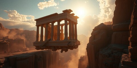 Flying temple in a desert landscape with mountains under a bright sky during sunset