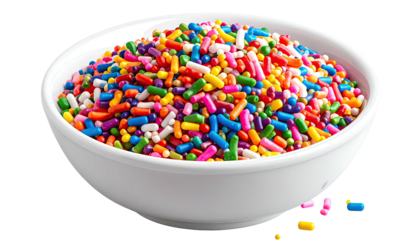Close-up of a white bowl overflowing with a vibrant array of colorful sprinkles