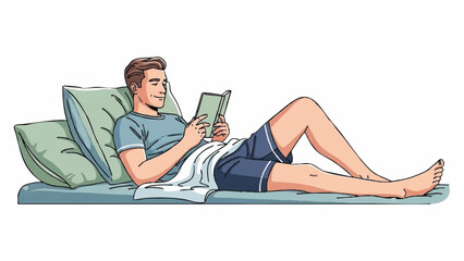Man Relaxing Reading Book on Comfortable Bed.