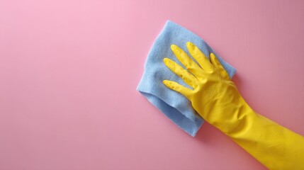 Gloved hand cleaning on pink surface