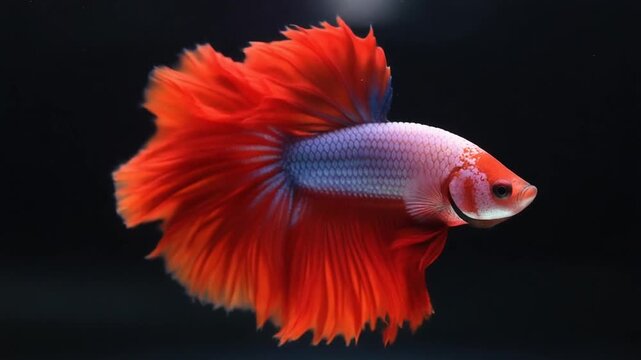 A vibrant Betta fish swims against a dark background, silvery-blue body and flowing red fins glowing with elegance and contrast, evoking beauty, motion, and the dramatic flair of aquatic life.