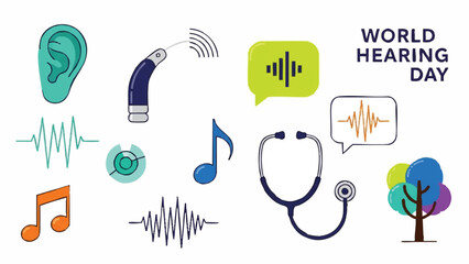 World Hearing Day illustration with medical and sound elements.