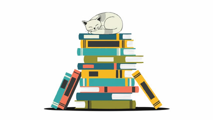A sleeping cat rests peacefully on a tall stack of colorful books.