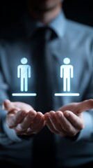 Human resources management, employee selection, and talent acquisition concept with glowing digital human icons in professional's hands