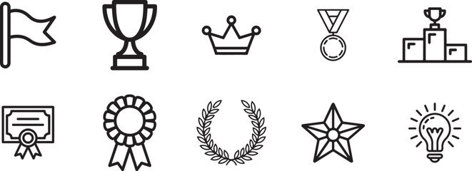 A collection of outline icons representing achievement success and winning on a white surface