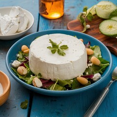 Elegant cheese wheel with raspberry and herb topping, served with wine and nutmeg on wood in cozy food styling.