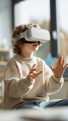 little boy child in VR virtual reality glasses looks, education and modern technologies, learning the future, AI technology, Caucasian race