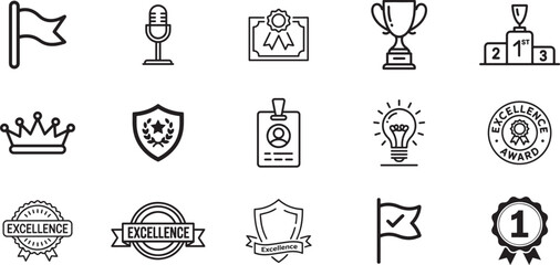 A comprehensive collection of line icons symbolizing excellence achievement and recognition