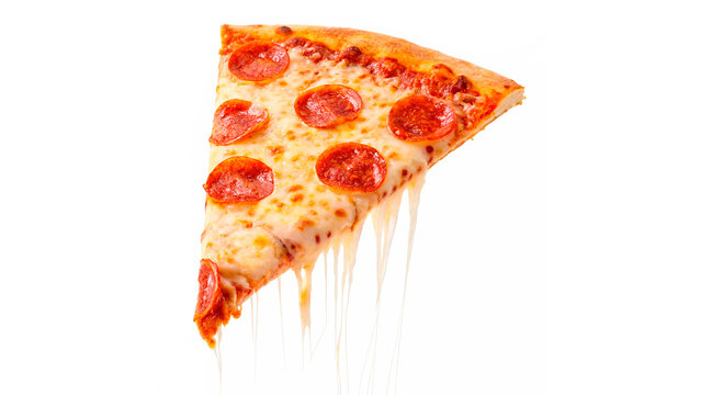 Slice of pepperoni pizza with cheese stretching isolated on transparent background cut out
