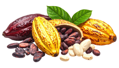 Close-up of cacao pods, beans, and leaves, showcasing the ingredients for chocolate