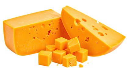 Close-up of cheddar cheese blocks and cubes, showcasing texture and holes against a black backdrop