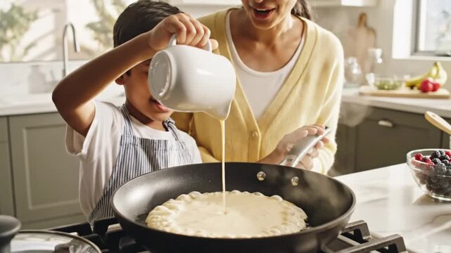 A young boy pours pancake batter into a pan with his mother's help. Son and mom cooking breakfast together in a modern kitchen. Family bonding and learning concept