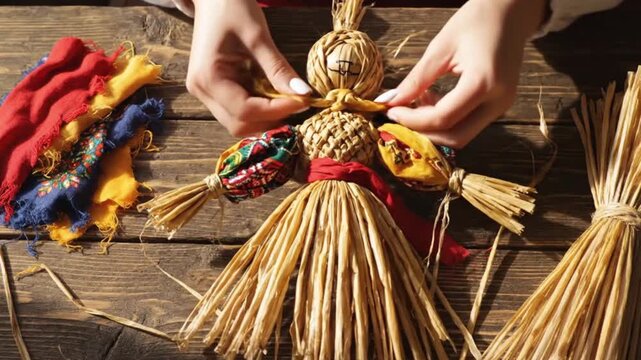 Close-up of hands making a traditional straw doll. An artisan dresses a folk figure with colorful fabric. Slavic folklore and handmade craft concept.