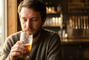 Hombre Probando Cerveza Artesanal en un Bar Acogedor