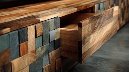 Rustic wooden furniture piece with intricate mosaic-like texture, showcasing natural wood grains and stone-like elements in warm, earthy tones