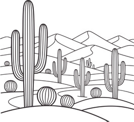 Stylized desert landscape with saguaro and barrel cacti and rolling dunes cactus © Musfiqur