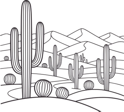 Stylized desert landscape with saguaro and barrel cacti and rolling dunes cactus