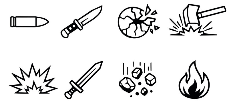 Hand drawn line art destruction and impact icon set featuring a bullet, sword, and breaking earth for game design