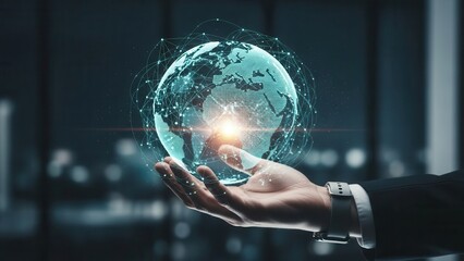 Closeup Businessman Hand holding virtual globe with network lines, representing international business expansion, globalization, and cross-border connectivity