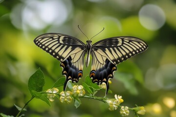 Beautiful Swallowtail butterfly with open wings resting on small yellow flowers in a lush green garden.