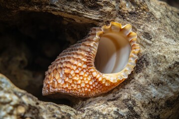 Beautiful textured seashell nestled in a natural rock cavity, macro photography of marine treasures.