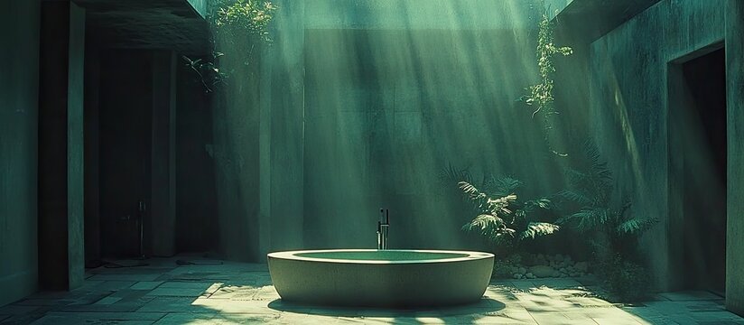 Sunlit Sanctuary: Ethereal Green Light Beams Down on a Solitary Stone Bathtub