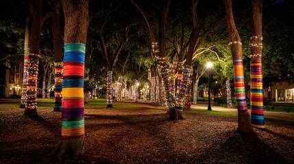 Colorfully Wrapped Tree Trunks in Park at Night with String Lights Illuminating Landscape