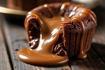 Rich chocolate cake with drizzled sauce