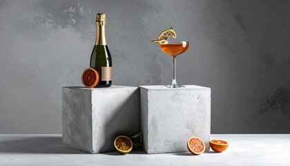 A minimalistic composition featuring a bottle of champagne and a cocktail glass with a dried orange slice, placed on modern concrete cubes, perfect for a restaurant or sophisticated setting.