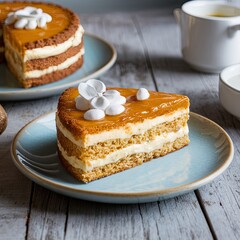 Slice of layered cake with sponge and cream, topped with white frosting, served on gold-rimmed plate with tea and elegant dishware.
