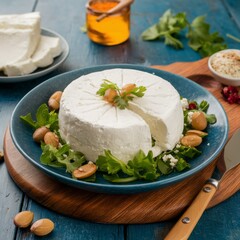 Brie or camembert cheese with raspberry and herb garnish, styled with nutmeg seeds and red wine on wooden board.