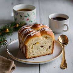 Sliced sweet bread with dried fruits and powdered sugar served on a blue plate with tea, lemon slices, and holiday garnish.