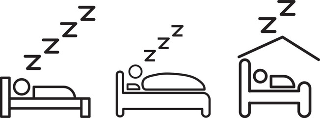 
Sleeping Person in Bed Icon Set. Sleeping People Icon Set. Hotel flat icon. Sleeping shelter sign. Healthy lifestyle symbol. Sleeping People on transparent background
