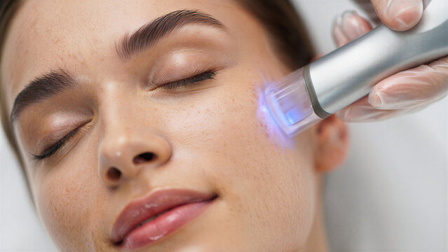High-tech non-invasive facial procedure with LED light for skin rejuvenation, anti-aging effect, glow boost, lifting results, beauty innovation and advanced aesthetic dermatology care