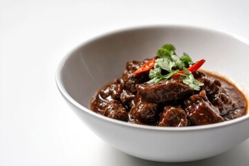 Close-up of Spicy Beef Goulash with Red Chili Peppers and Fresh Herbs