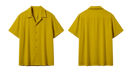 Yellow Short Sleeve Camp Collar Shirt Mockup, Front and Back Views Isolated on Transparent Background