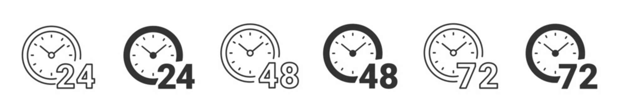  24, 48, 72 hours clock icon set . work time, delivery and service time. stopwatch, and countdown symbol. vector illustration . 