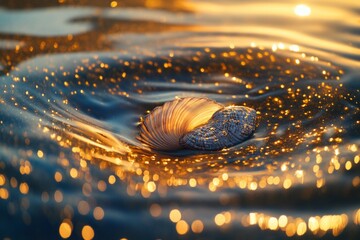 Mystical Seashell in Dark Shimmering Water with Golden Bokeh