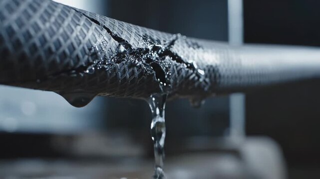 Water dripping, then streaming from a leak in a damaged rubber hose, illustrating leakage and plumbing problems