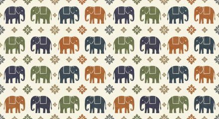 Seamless traditional pattern features rows of colorful elephants and floral shapes in a classic ethnic style