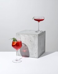 A minimalist composition featuring two elegant cocktail glasses filled with a vibrant red drink, garnished with a sprig of rosemary, placed on modern concrete cubes against a soft, neutral background.