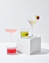 Four colorful cocktails arranged in elegant glasses on a white background. A pink, green, red, and clear drink. Minimalistic composition with cocktail glasses on modern concrete cube.