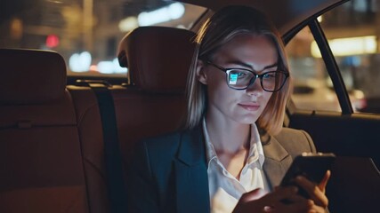 Woman business professional using a smartphone in a car at night, mobile connectivity, urban transport technology