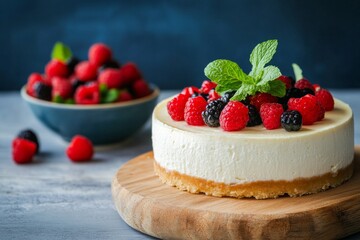 Gourmet New York Cheesecake Topped with Fresh Raspberries and Mint